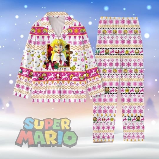 Super Mario Princess Peach Christmas Pajamas, Princess Peach Ugly Xmas Pajamas, Video Game Holiday Pajamas, Xmas Pajamas For Party