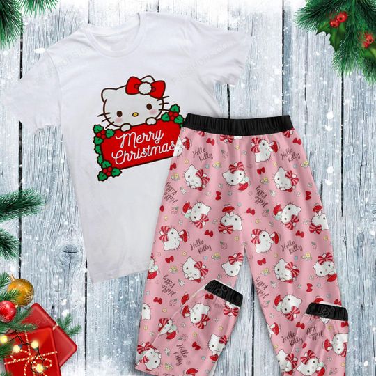 Hello Cat Holiday Pajamas Set, Kitty Cat Christmas Pajamas Set, Cute Cat Family Pajamas For Adult And Kids