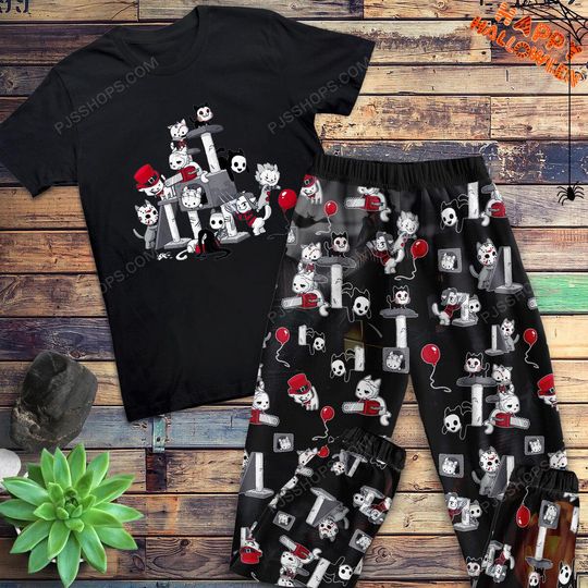 Characters Horror Movie Pajamas Set, Cats Horror Movie Pajamas Set, Horror Characters Friends Cat Pajamas For Adult And Kids