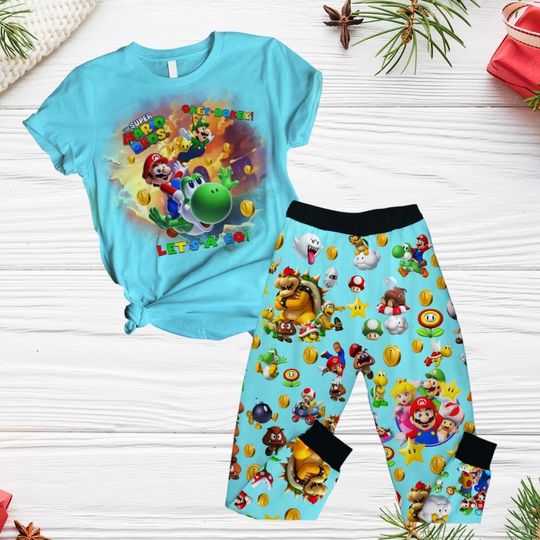 Super Mario Pajamas Set, Mario Characters T-Shirt And Pants, Cute Mario And Yoshi Shirt, Video Game Pajamas, Gift For Fan
