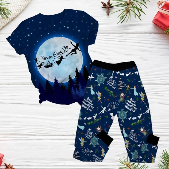 Peter Pan Never Grow Up Pajamas Set, Disney Peter Pan Holiday Pajamas, Disney Neverland Shirt, Tinker Bell Pajamas, Magic Kingdom Shirt