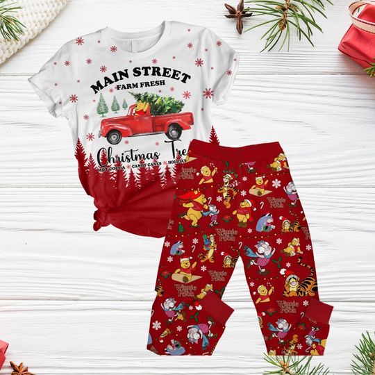 Christms Winnie The Pooh Pajamas Set, Pooh Bear Holiday Pajamas, Pooh And Friends Pajamas, Xmas Party Shirt, Gift For Her