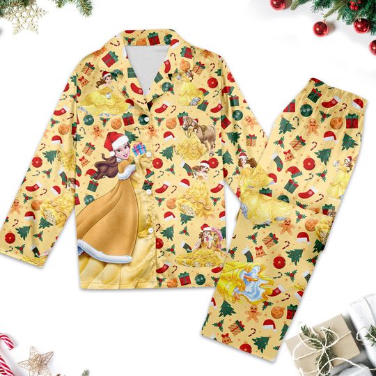 Belle Princess Christmas Pajamas, Beauty and the Beast Christmas Pajamas Set Gift Women For Holiday, Princess Xmas Party Shirt