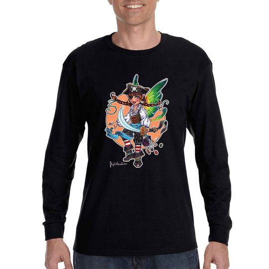 Men's Pirate Fairy Long Sleeve T-shirt, Jolly Roger Pixie Wings Sprite Shirt, Magic Fantasy Elf Magical