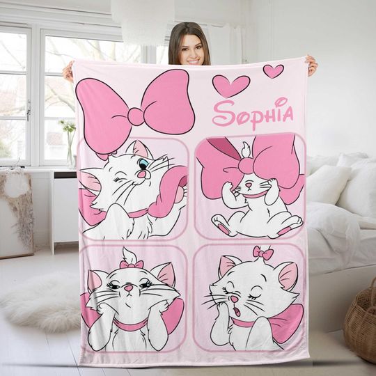 Personalized Disney The Aristocats Marie Blanket, Custom Name Cat Lovers Baby Girl Blanket, Life Is Better With A Cat, Cat Mom Dad