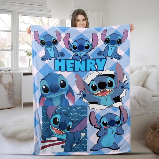 Personalized Disney Stitch Blanket, Custom Name Lilo & Stitch Baby Blanket, Stitch Birthday Gift,Disneyland Stitch Ohana Means Family