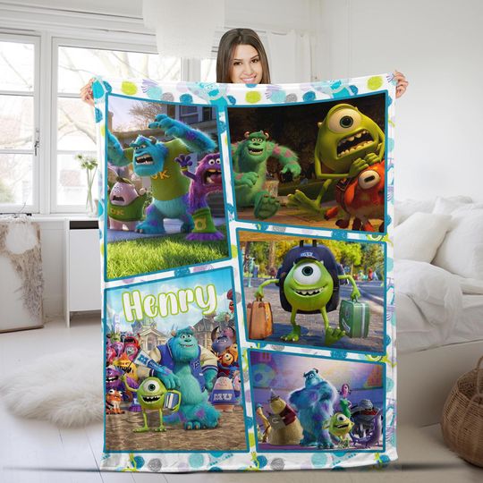 Customized Monsters Inc Blanket, Personalized Disney Characters Blanket, Bedding Christmas Comfortable Bedroom Birthday Gift