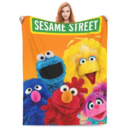 S-Sesame Streets Blanket Fleece Printed Cookie Monster Cartooon Portable Lightweight Blankets for Bedding Car Bedspread