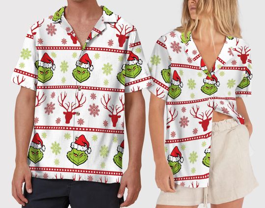 Christmas funny character Hawaiian Shirt, funny character Family Button Up Shirt, Merry Grin Xmas funny character Hawaii Short Sleeve Shirt