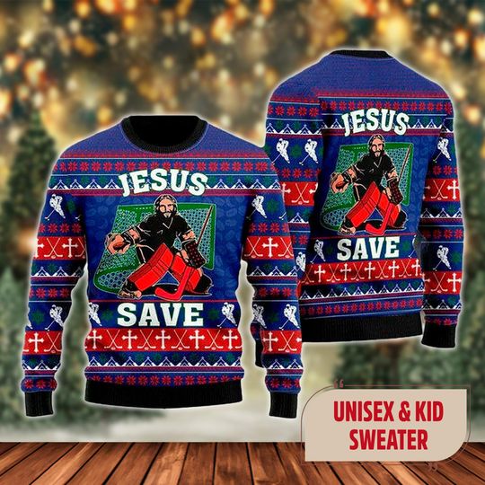 Jesus Saves Hockey Ugly Christmas Sweater, Jesus Saves Hockey Xmas Sweatshirt, Jesus Saves Hockey Christmas Gift For Men Women