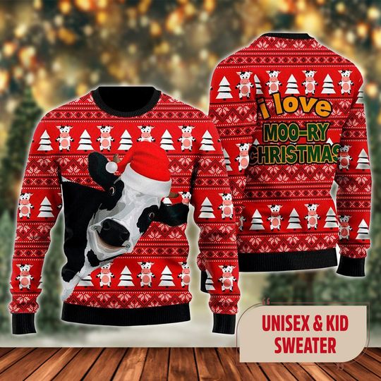 Funny Cow I Love Moo-ry Ugly Christmas Sweater, Funny Cow Santa Hat Xmas Sweatshirt, Funny Cow Christmas Gift For Men Women Kid