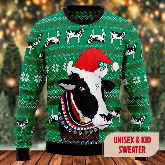 Funny Cow Santa Hat Ugly Christmas Sweater, Funny Dairy Cow Xmas Sweatshirt, Funny Dairy Cow Christmas Gift For Men Women Kid