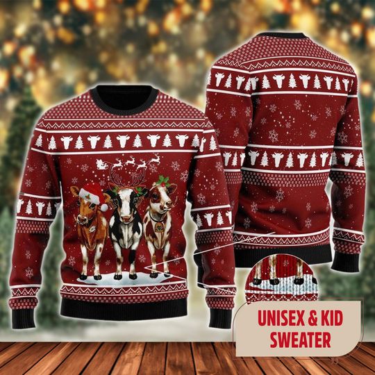 Funny Cow Santa Hat Ugly Christmas Sweater, Funny Cow Santa Hat Xmas Sweatshirt, Funny Cow Christmas Gift For Men Women Kid