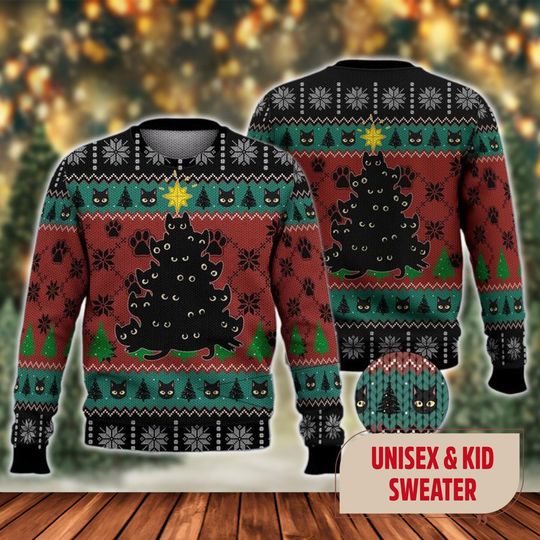 Cute Black Cat Ugly Christmas Sweater, Cute Black Cat Christmas Tree Xmas Sweatshirt, Cute Black Cat Christmas Gift For Men Women Kid