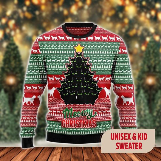 Meowy Black Cat Ugly Christmas Sweater, Black Cat Christmas Tree Xmas Sweatshirt, Funny Black Cat Christmas Gift For Men Women Kid