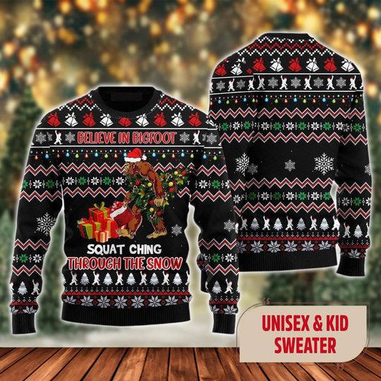 Squat Ching Through The Snow Ugly Christmas Sweater, Bigfoot Santa Hat Xmas Sweatshirt, Funny Bigfoot Christmas Gift For Men Women
