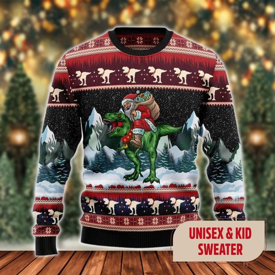 T-rex Carrying Santa Claus Ugly Christmas Sweater, Funny T-rex And Santa Xmas Sweatshirt, T-rex Christmas Gift For Men Women Kid