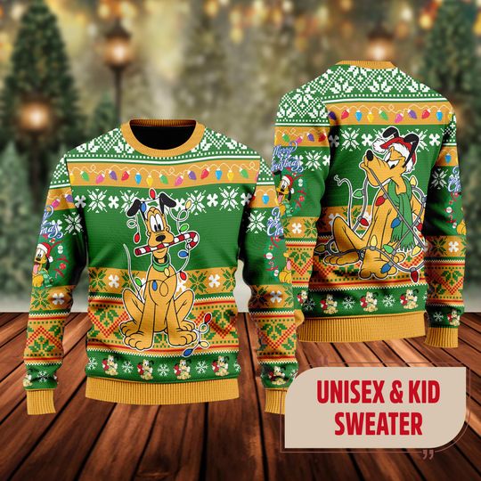 Cute Pluto Dog Ugly Christmas Sweater, Mickey Mouse Movie Xmas Sweatshirt, Pluto Dog Character Christmas Gift For Men Women Kid