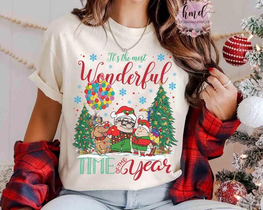 Pixar Up It's The Most Wonderful Time Of The Years House Balloon Christmas Tree T-shirt, Carl Ellie Dug Kevin Russell Very Merry Xmas Tee