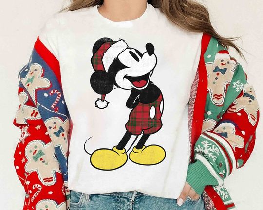 Santa Mickey Mouse Pose Classic Plaid Outfit Christmas Retro T-shirt, Disney Mickey's Very Merry Xmas Tee, Disneyland Family Vacation Gift