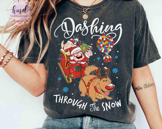 Carl Santa Russell Dug Dog Reindeer Shirt, Disney Up Dashing Through The Snow Shirt, Xmas Party Tee, Disneyland Family Holiday Trip Gifts