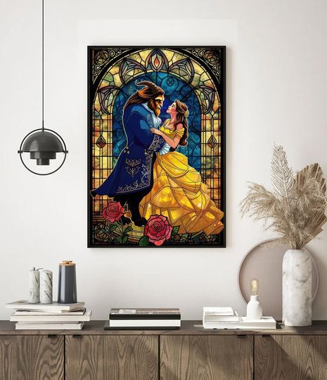 FAUX Stained Glass Beauty And The Beast Poster, Princess Belle Poster, Vintage Disney Couple Poster Classic, Wall Art Decoration