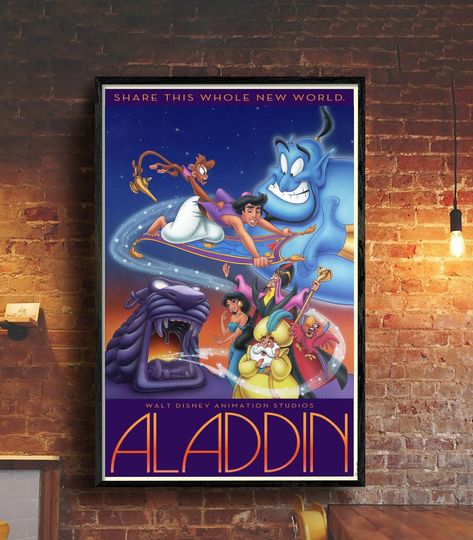 Aladdin Movie Poster, Share The Whole New World Quote, Princess Jasmine Poster, Genie Printable, Vintage Disney Movie Poster Classic