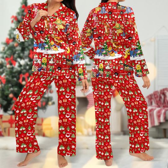 Winnie the Pooh Christmas Pajamas Set, Pooh & Friends Santa Hat Women Pajamas, Eeyore Xmas Party Button Up Shirt, Magic Kingdom Shirt