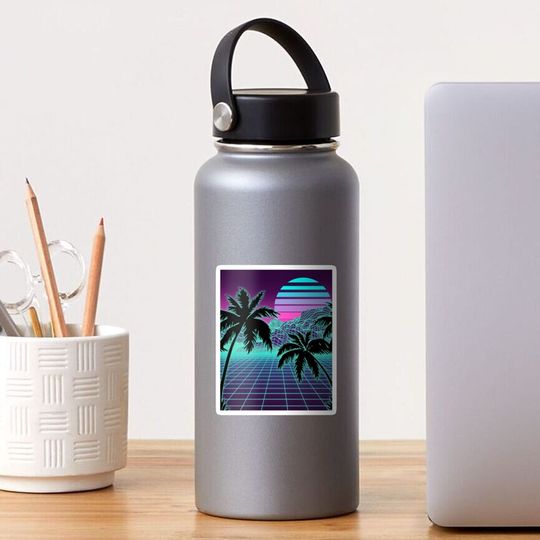 Retro 80s Vaporwave Sunset Sunrise With Outrun style grid print Sticker