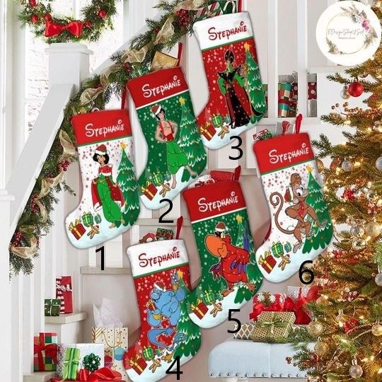 Personalized Disney Aladdin Christmas Stockings, Disney Princess Jasmine Birthday Girl Christmas Stocking With Name, Jafar Genie Family Xmas