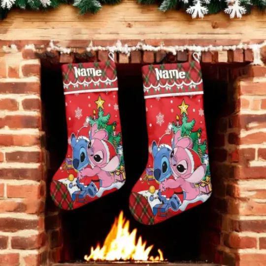 Personalized Cute Stitch And Angel Tis The Season To Be Jolly Christmas Stocking