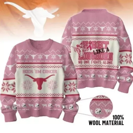 Texas Longhorns Hook ‘Em Cancer Fight Like A Longhorns Christmas Ugly Sweater