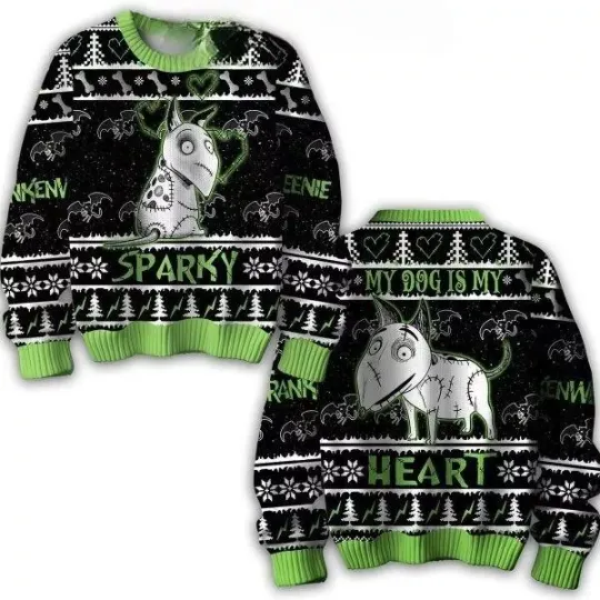 Frankenweenie Sparky My Dog Is My Heart Halloween Ugly Sweater