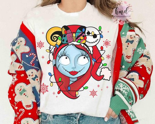 Disney Santa Sally Christmas Light Shirt, Nightmare Before Christmas Tee, Jack Skellington and Sally Shirt, Disneyland family 2024 Xmas Trip