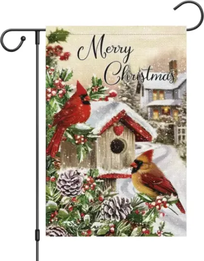 Merry Christmas Garden Flag Cardinal Red Bird House Welcome Winter Flags