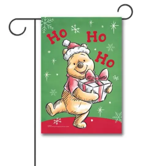 Cute Pooh Bear With Gift Box Ho Ho Ho Merry Christmas Winter Holiday Flag