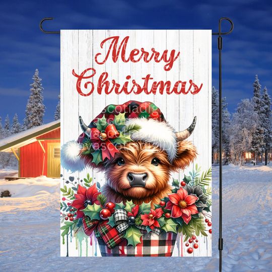 12x18 Garden Flag, Christmas Highland Cow, Merry Christmas Flag, Christmas Garden