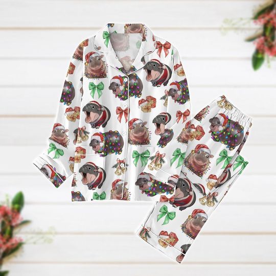 Christmas Pajamas, Moo Deng Coquette Pajamas, Pygmy Hippo Santa Holiday Pajamas, Baby Hippo Women Pajamas, Funny Meme Gift