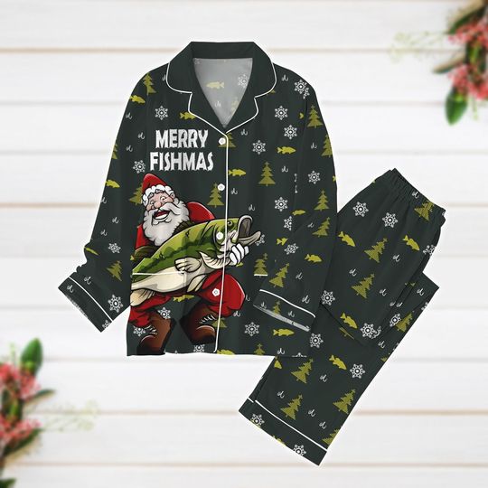 Fishing Christmas Pajamas, Merry Fishmas Pajamas Set, Fisherman Bass Santa Pajamas, Funny Christmas, Pajamas For Party