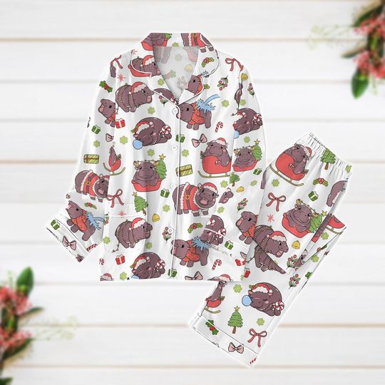 Christmas Pajamas, Cute Moo Deng Pajamas Set, Hippo Santa Hat Xmas Pajamas, Pygmy Baby Hippo Women Pajamas, Funny Christmas