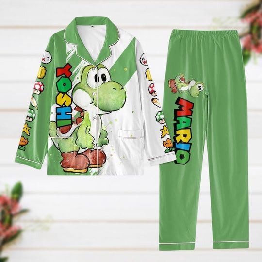 Super Mario Yoshi Christmas Pajamas, Super Mario Bros Xmas Pajamas, Video Game Women Pajamas, Christmas Party Gift