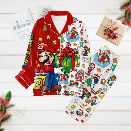 Super Mario Christmas Pajamas, Mario Santa Pajamas Set, Video Pajamas Holiday Pajamas, Gaming Xmas Shirt, Christmas Gift