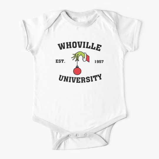 Whoville University Est 1957 Merry Grin Funny Christmas Baby One-Piece