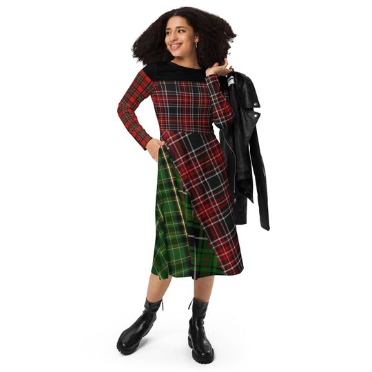 Adult Long Sleeve Midi Dress Holiday Tartan Mix. Green, Red, Black. Womens Sizing.