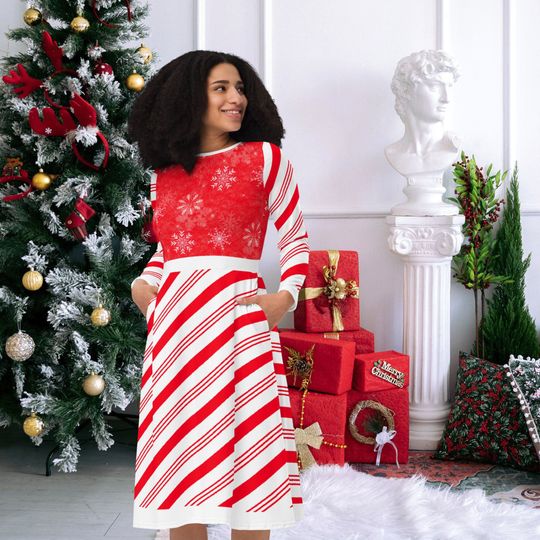 Holiday Red and White Candy Cane Christmas Winter Long Sleeve Midi Dress