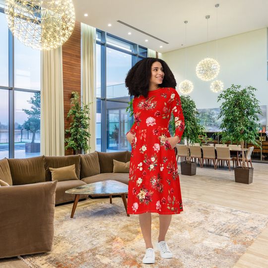 Beautiful Poinsettia Flowers in Red, Christmas Long Sleeve Midi Dress