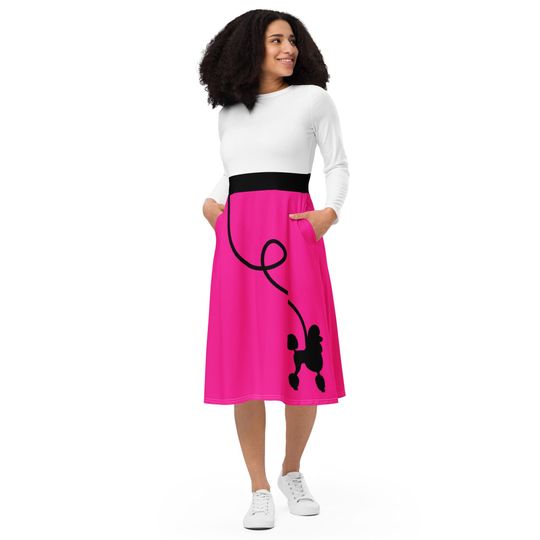 Pink and White Poodle Dress All-over print long sleeve midi dress