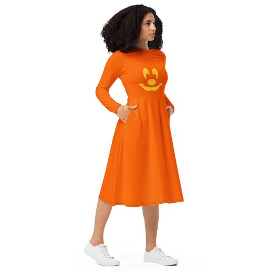 Pumpkin Face - All-over print long sleeve midi dress