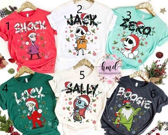 Disney Nightmare Before Christmas Character Group Matching T-Shirt, Jack Sally Oogie Boogie Xmas Light Tee, Mickey's Very Merry Family Gift