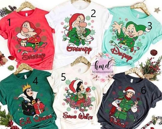 Santa Snow White & Seven Dwarfs Christmas Light Retro T-shirt, Disney Dopey Grumpy Happy Xmas Matching Tee, Mickey's Very Merry Family Gift